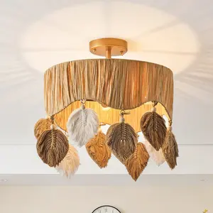 18" Rudolf Golden Bohemian Semi-Flush Mount Ceiling Light, Modern Gold Boho Crystal Ceiling Lamp Fixture for Living Room Bedroom Hallway Home Decor