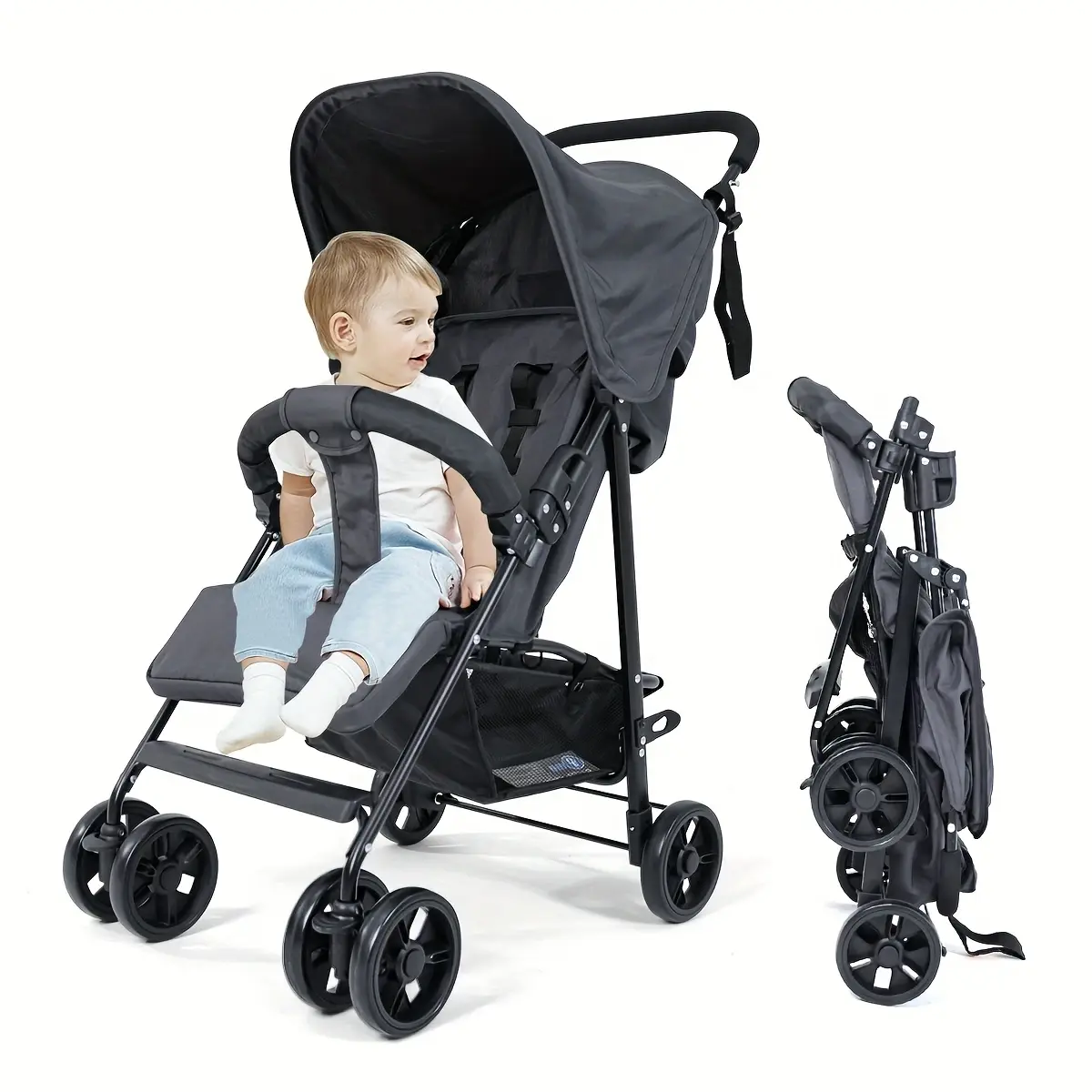 Compact All-Terrain 4-Wheel Baby Stroller, Portable Lightweight with Sunshade, Leg Supports, Shock-Absorbing Sun-Proof Detachable Rain Cover, Black