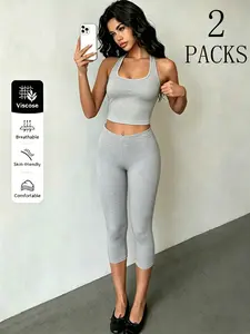 Women’s 2-Piece Halter Crop Top & Capri Leggings Set, Viscose Breathable Stretchy Workout, Slim Fit Yoga Activewear