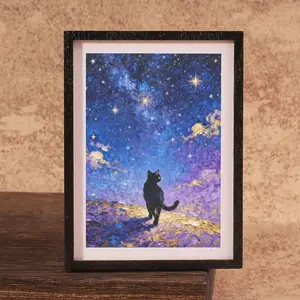Miniature Starry Cat Photo Frame Fridge Magnet, Impressionist Art Style, Van Gogh Starry Night Romance, Suitable for Artsy Lovers