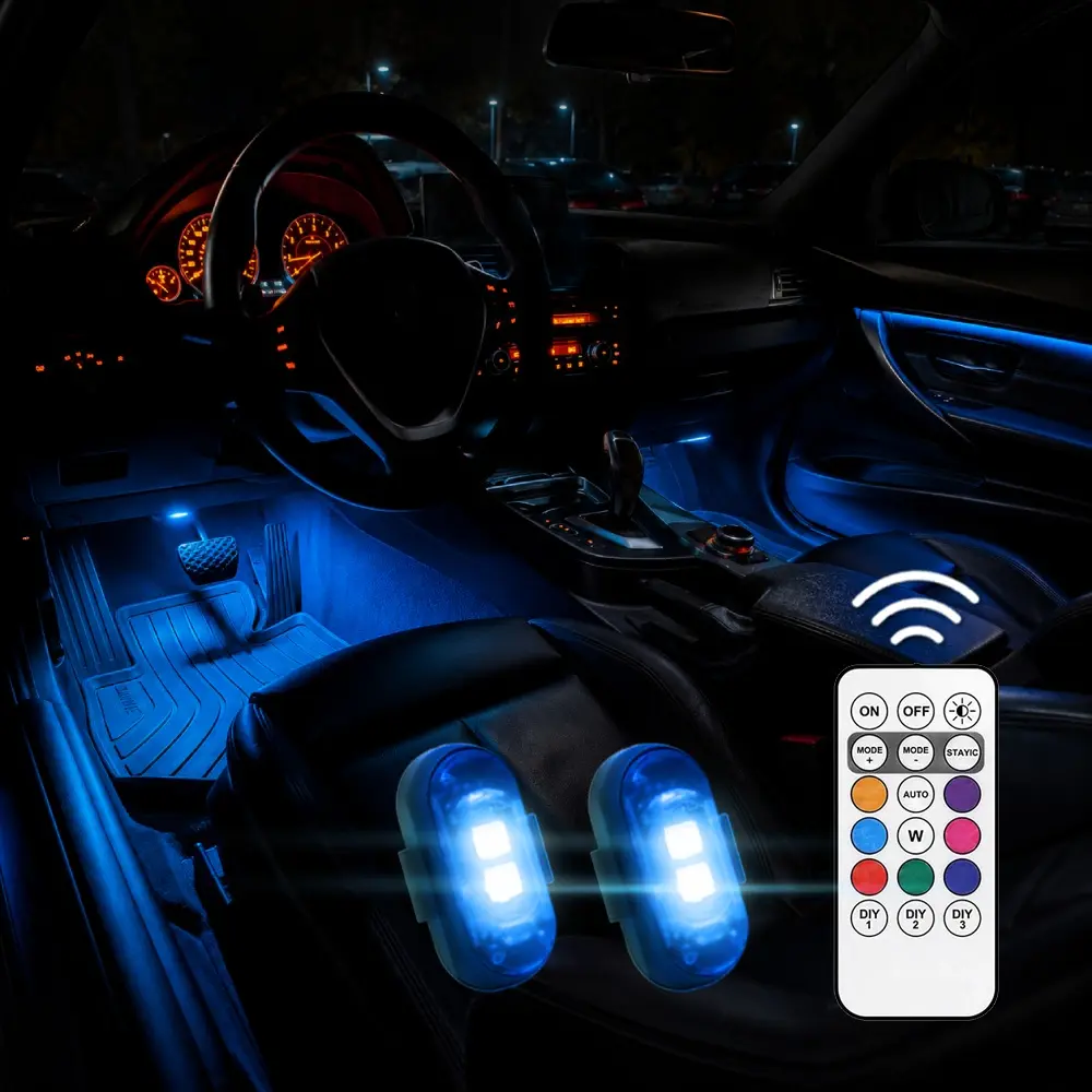RGB Cars Footwell Ambient Lights Wireless Remote Control Birthday Gift Idea LED Custom Lighting Rechargeable Strobe Light Exterior Interior Decorative accessories Underglow Rock Kit Side Decoration Lamp Flash Warning for SUV Truck Motorcycle Bike Aircraft