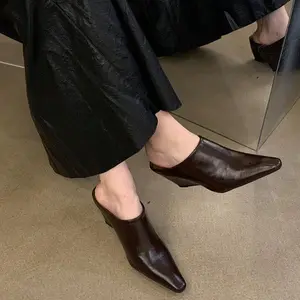 Women's Elegant Leather-Look Wedge Heel Backless Slides - Comfortable Height for Commuting & Formal Occasions