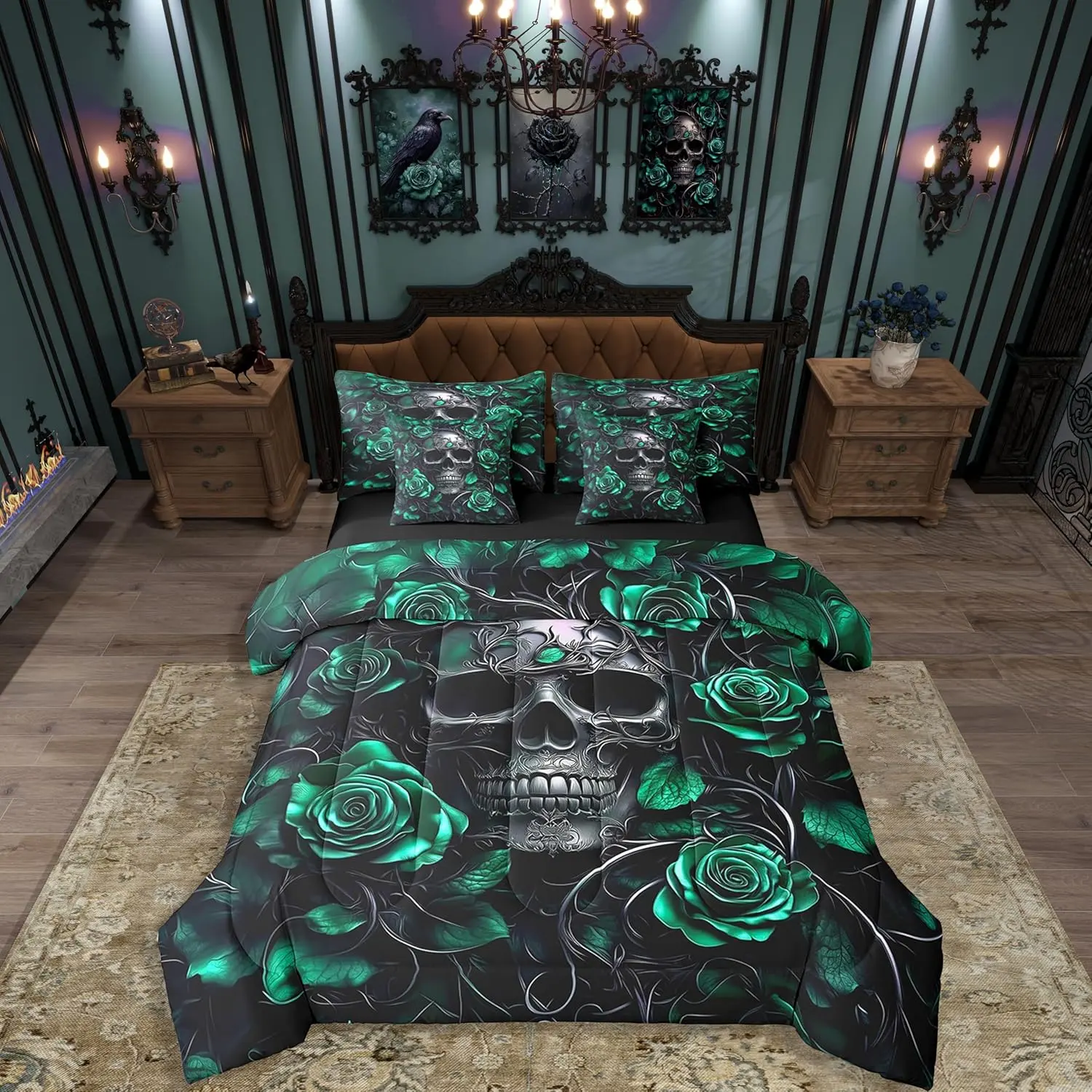 Feelyou 7-Piece Unique Sugar Skull Comforter Set - Mint Green Rose Pattern Bedding, Girl-Focused Set for Christmas, Halloween