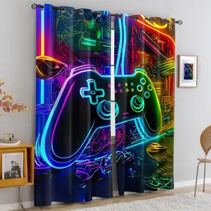 Vibrant Neon Video Game Controller Printed Curtains, Futuristic Cyberpunk Blackout Curtains, Perfect for Gamer Decor in Bedrooms and Game Rooms, Add Energy and Style to Your Home, 2 Panels 2D Plain Weave, Light Blocking Rate 50%-85%, Window Drapes
