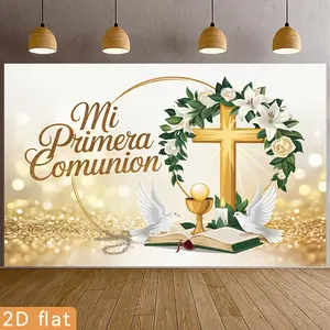 2D Flat, Party Banners 2D Flat Banner, 1pc Polyester Backdrop Mi Primera Comunion Floral Cross with Chalice and Doves, for Party Decor Garden, Home, Farm, Room, Club, No Electricity, Easy to Hang Gift for Ea