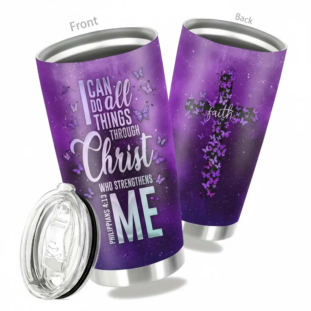Christian Gifts for Women 20oz Stainless Steel Tumbler – Butterfly Cross, Philippians 4:13 “I Can Do All Things Through Christ Who Strengthens Me” Bible Verse, “Faith” on Butterfly Cross, Purple Galaxy Background, Vacuum Insulated Travel Mu