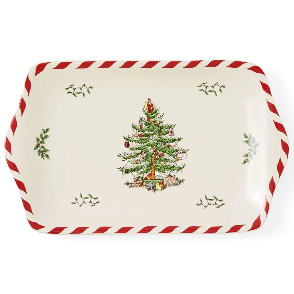 Spode Traditional Christmas Tree Peppermint Porcelain Dessert Tray (12" x 7.25") - Festive Specialty Kitchen Serving Tray for Appetizers, Charcuterie