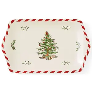 Spode Christmas Tree Peppermint Dessert Tray (12" x 7.25") - Festive Porcelain Serving Tray for Appetizers, Charcuterie, Snacks, Desserts