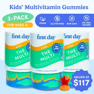 3-PACK First Day Kids Multivitamin Gummies Age 4-12, Strawberry & Orange Flavored Multivitamin Gummy with Vitamins A C D3 K2 B1 B2 B6 B12 Folate, Immunity & Brain Function, Vegan - 90 Day Supply