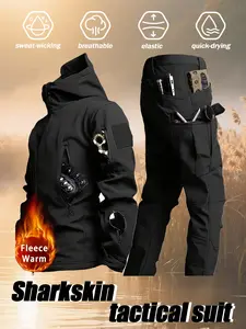 Men's Windproof & Waterproof Military Tactical 2-Piece Set for Fall & Winter, Hooded Jacket & Multi-Pocket Pants, Fleece-Lined Outfit, Suitable for Hiking, Camping, Skiing and Casual Wear