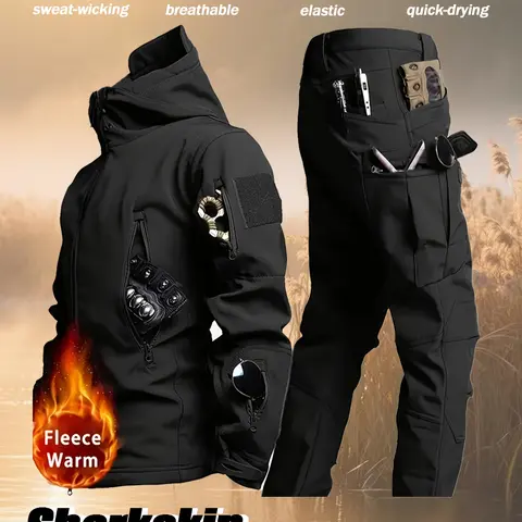 Men's Military Tactical Set for Fall/Winter 2-Piece Set Includes Waterproof Tactical Jacket and Multi-Pocket Workwear Pants Fleece-Lined Windproof Suitable for Work, Hiking, Camping, Fishing, Mountaineering, Travel, Skiing, and Casual Wear