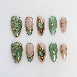 Summer Cat Eye Green Press On Nails, Butterfly Chrome Nails Set, Green Gold Color Nails Art, Custom Fresh Look False Nails for Summer Holiday
