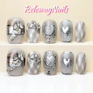 Valentine's Day Short Square Press On Nails Silver Handmade False Nails Hand Painted Heart Bow|Silver Heartbeat