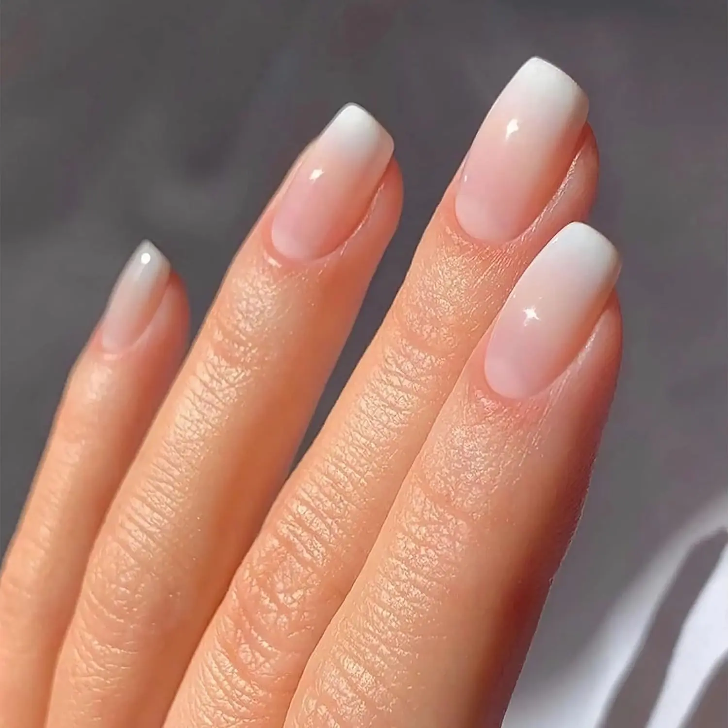 Press on Nails Square - French Ombre Pink Fake Nails Medium Acrylic Glossy Full Cover Stick On Nails