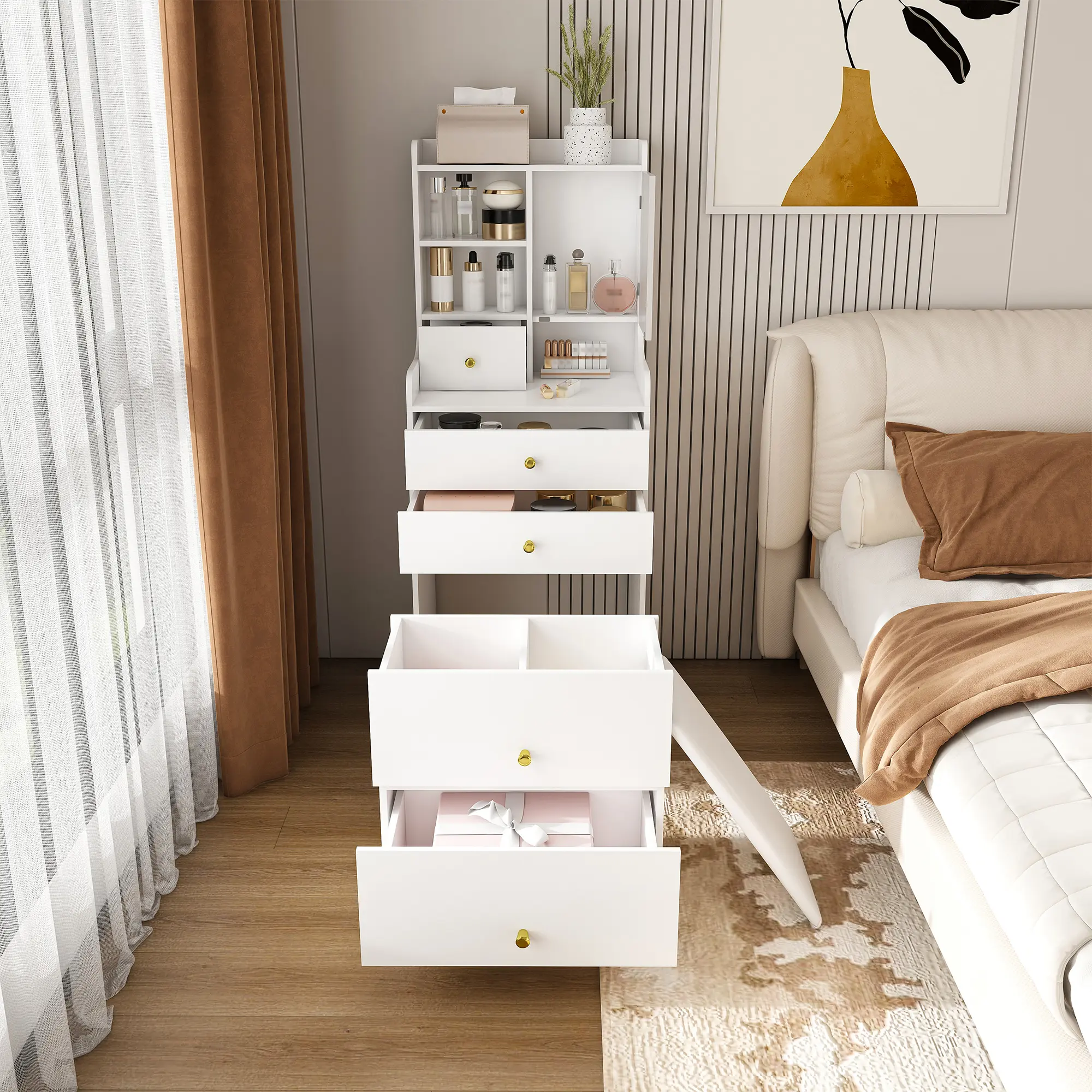 3-in-1 Makeup Vanity Set with LED Light Strip, Modern Dresser, FSC Wood Medium-Density Fiberboard, 4 Hidden Drawers, 4+2 Storage Slots, Cabinet, Hidden Stool Stash, Open Bookshelf & Stool for Bedroom Organization