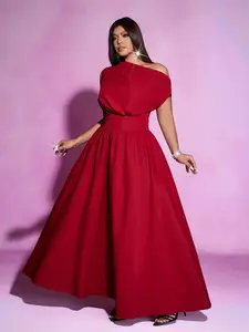 Plus Size Asymmetrical Shoulder Dress, Waist-Cinch A-Line Long Dress, European Style Formal Party Gown, Wedding, Evening Event, Stage Performance