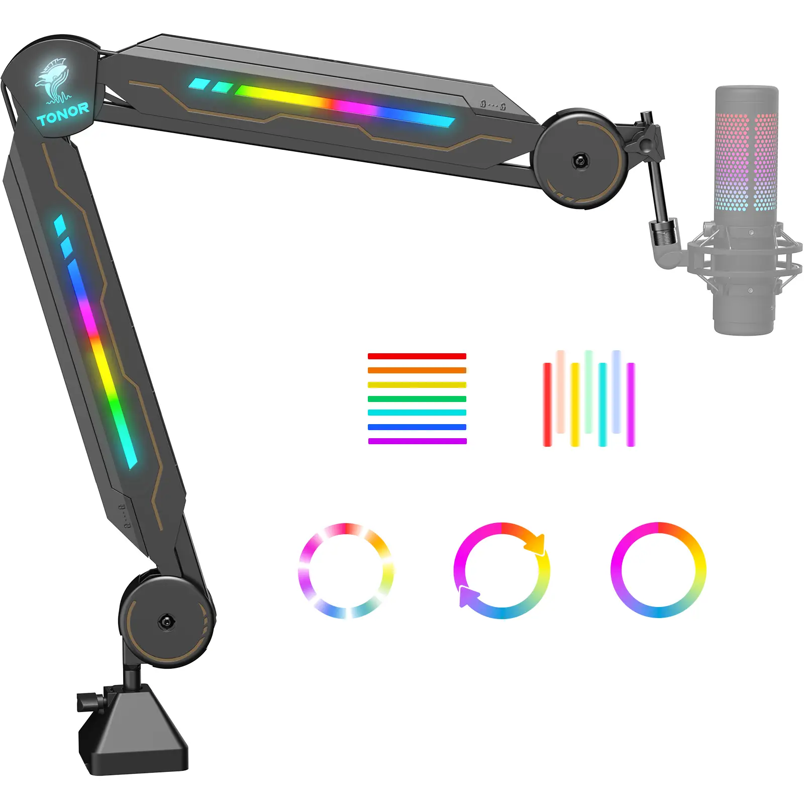 TONOR T90/T20S RGB Boom Arm, Adjustable Mic Stand with 11 Light Modes for Gaming, Streaming, Podcasting, and Recording, Durable Steel Usb Cable