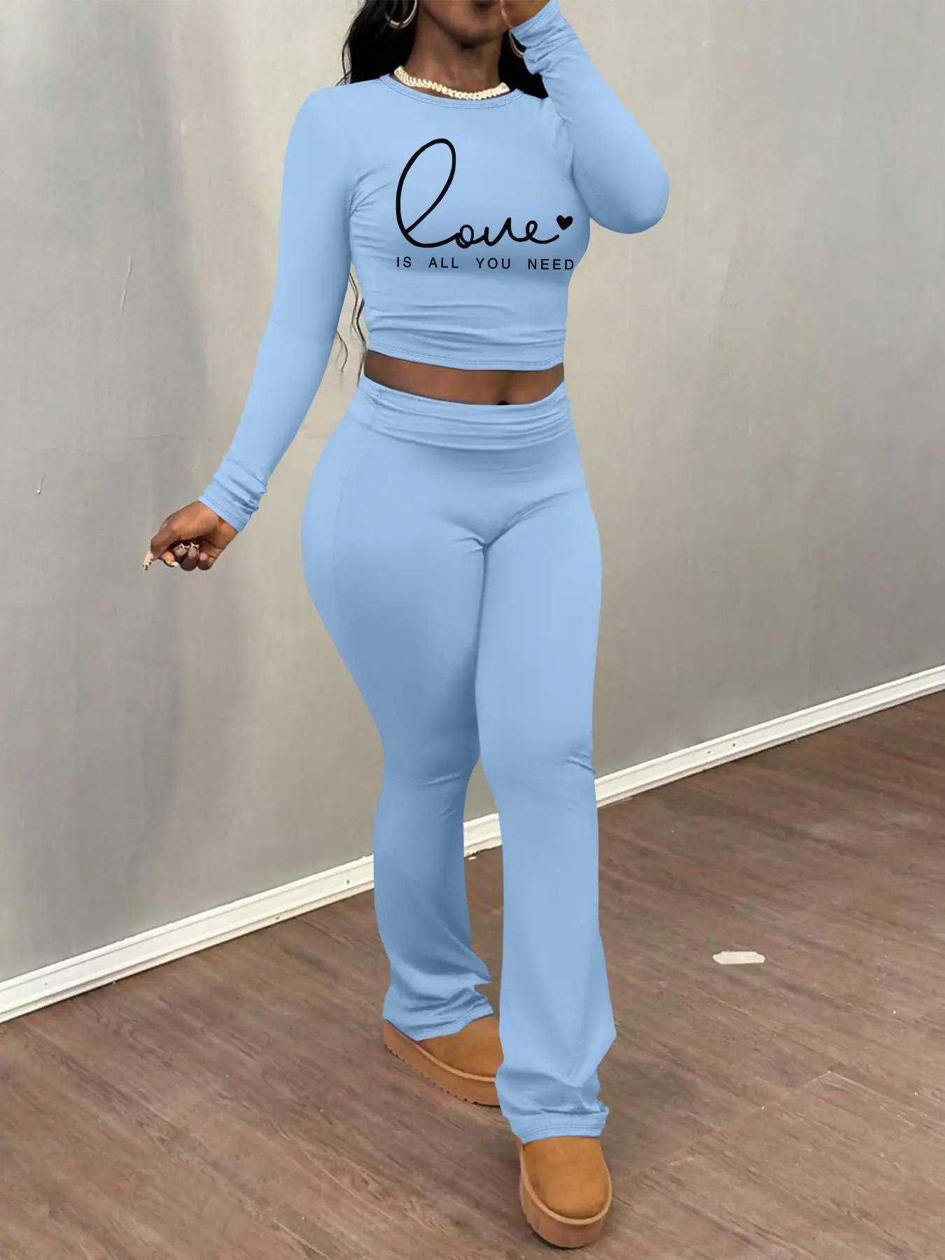 Women's Letter Print Long Sleeve Crop Tee & Flare Leg Pants Two-piece Set, Stretchy Outfit Sets, Flared Pants, Casual Fashion Round Neck Top & Bell Bottom Trousers for Daily Outdoor Wear, Women's Clothing for Fall & Winter, Womenswear, Lady