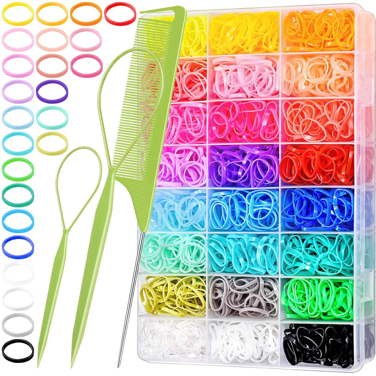 24 Colors Rubber Bands, 2000 count Elastic Hair Ties with Organizer Box, Rubber Bands with Tail Tools and Comb, Hair Accessories for Girls