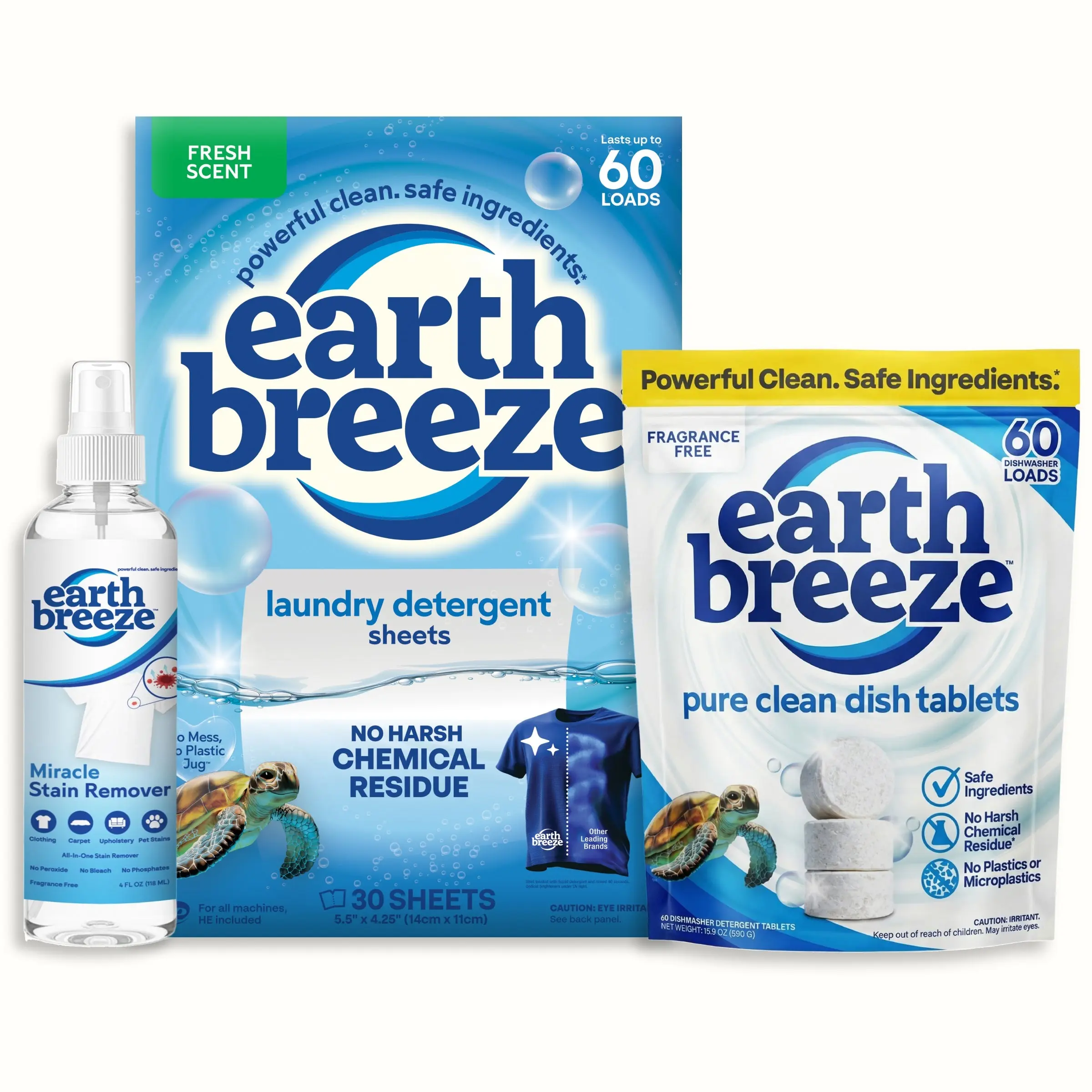 Earth Breeze Clean Home Trio: Laundry Detergent Sheets, Miracle Stain Remover Spray & Dishwasher Detergent Tablets | Eco-Friendly with No Harsh Chemicals | Zero Waste Cleaning Kit