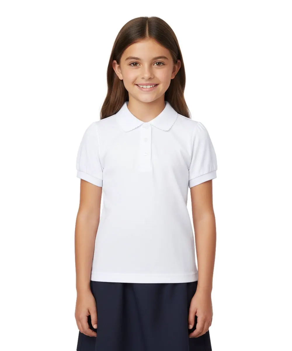 Girl's Comfy High-Quality Interlock Cotton Short-Sleeve School Uniform Polo Shirt, White, 5-18 Years, GSU01