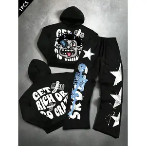 Men’s and women’s long-sleeve straight-leg pants set, fashion casual street style, American retro cartoon print, high-quality daily wear