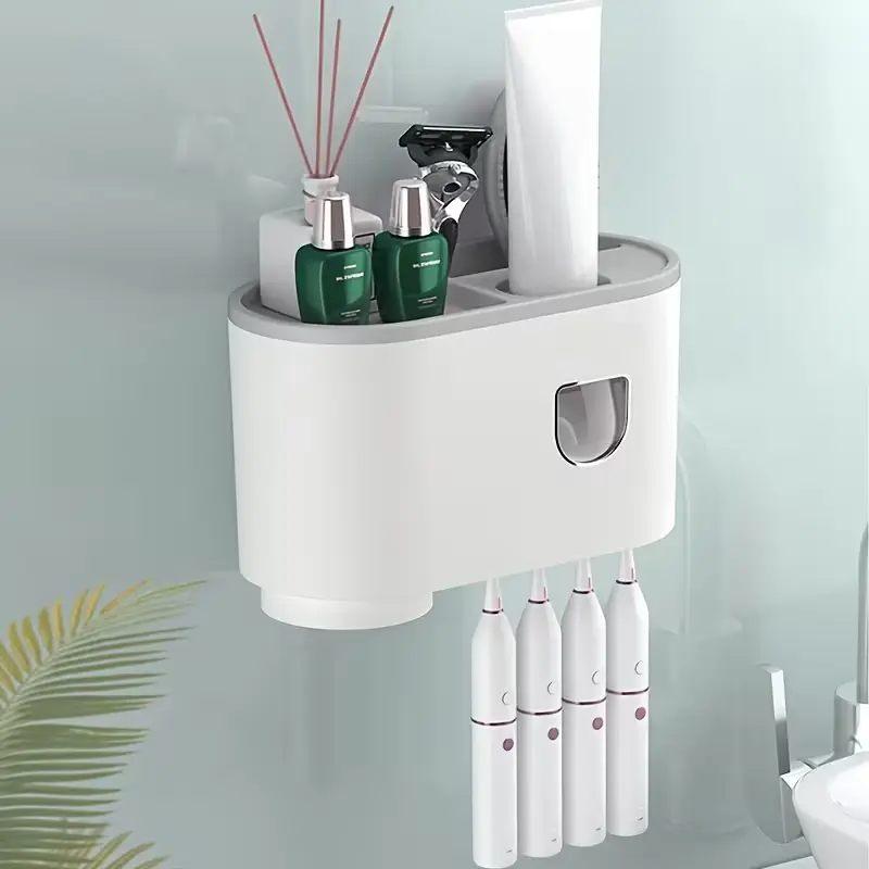 Wall-Mounted Bathroom Toothbrush Holder Bathroom Decor Set - 4-Slot, Automatic Toothpaste Dispenser, 1 Cup, Large-Capacity Storage Rack with Drawer