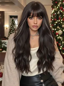 Wave Wig with Bangs, 26 Inch Natural Look, Synthetic Curly Wigs, Suitable for Daily Wear and Special Occasions, Fashionable Wig for Women, Natural Looking Wig