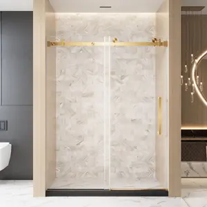 Frameless Single Sliding Shower Door, 56-60 in W x 76 in H, 1/4 in (6 mm) Clear Tempered Glass with Explosion-Proof Film, Stainless Steel Square Tube Track, Brushed Gold Handle