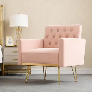 Accent Chair for Living Room, Comfy Oversized Velvet Upholstered Arm Chairs, Mid Century Modern Reading Single Sofa Side Chair with Tufted Back and Gold Legs for Bedroom (Pink), Cozy Leisure Chair