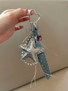 Retro Denim Blue Pleated Silver Star Bag Pendant,Love Square Star Puppy Pearl School Bag Pendant Keychain Decoration,Bag Chain Charms, Sparkly Bag Charm,Bag Keychain Accessories For Women's Bags,Car Keychains, Valentine's Day Gift