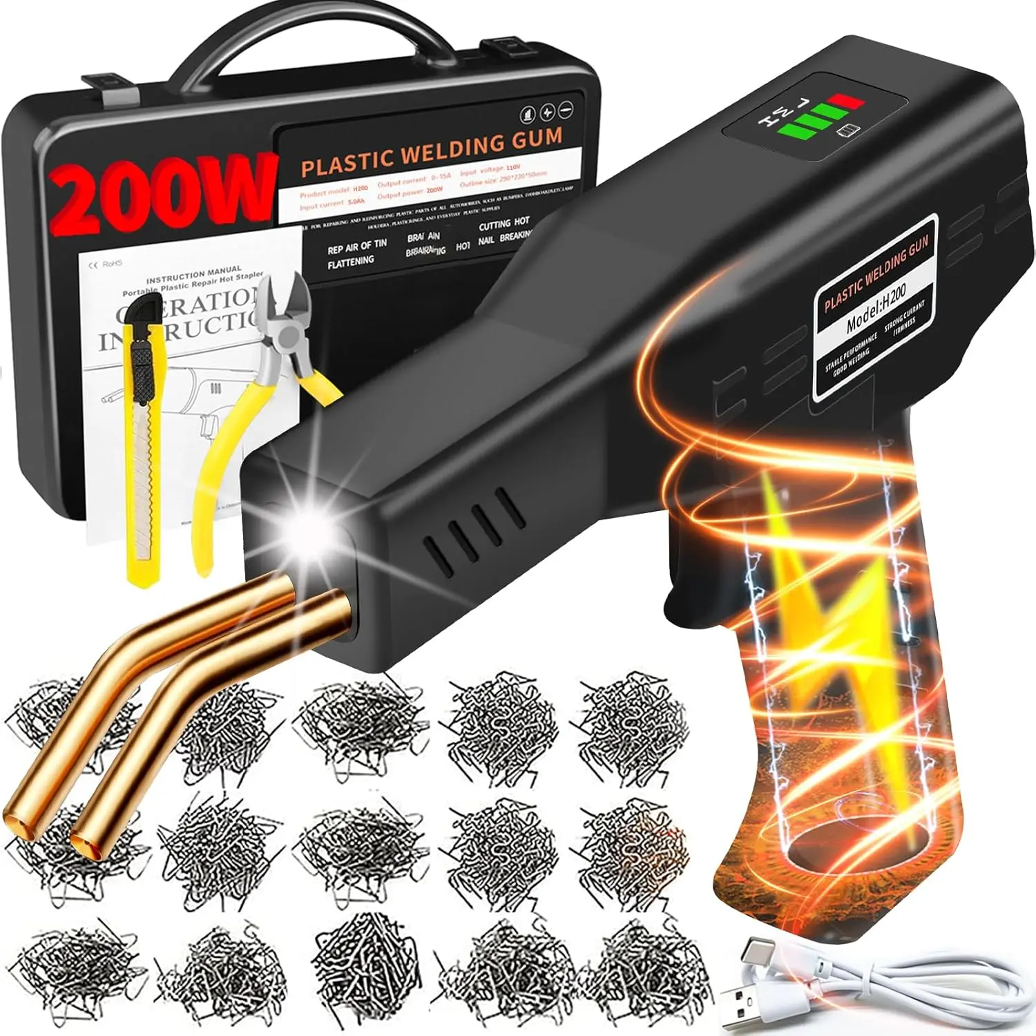 200W Cordless Plastic Welder, Plastic Weld Kit with 1050Pcs 6 Tpyes Hot Staples,Plastic Welder Tool 5000mAh Rechargeable Battery, Plastic Welder Repair Kit for Bumper Repair Plastic Repair Kit(Black)