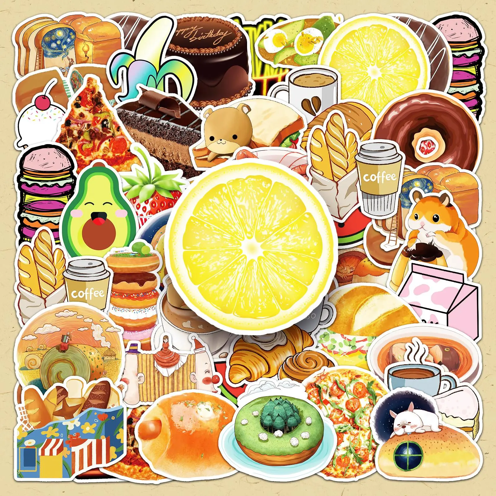 Food Themed Sticker, 50pcs/set Cute Cartoon Food Pattern Sticker, DIY Decorative Sticker for Scrapbooking, Journaling, Gift Wrapping
