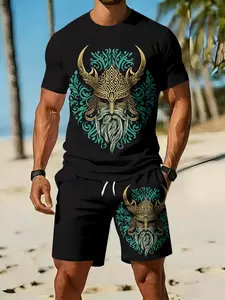Men's 3D Digital Printed Two-Piece Set with Viking Totem Print, 2Pcs, Trendy Fashion Outfit, Retro Casual Two-Piece Suit, Vacation-Style Trendy Wear, Breathable Sports & Casual Style, an ideal holiday gift for men