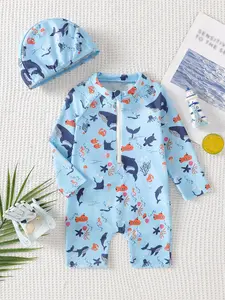 Handsome and fashionable one-piece swimsuit for baby boys, including a swimming cap, shark starfish print zipper, round neck, easy to put on and take off one-piece swimsuit, suitable for daily beach vacation Swimwear
