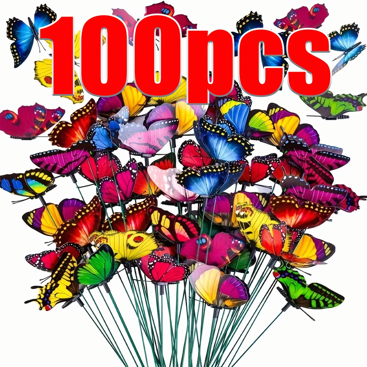 100pcs Butterflys Garden Decorations, 10 Inch Plastic Butterfly Stakes Ornaments Artificial Butterflies for Flower Bouquet Arrangements Crafts Outdoor Wall Patio Plant Christmas Yard Decor