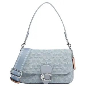 Coach Soft Tabby 26 Crossbody Bag for Women, Silver Logo-Embossed Caramel Fabric, Medium Blue