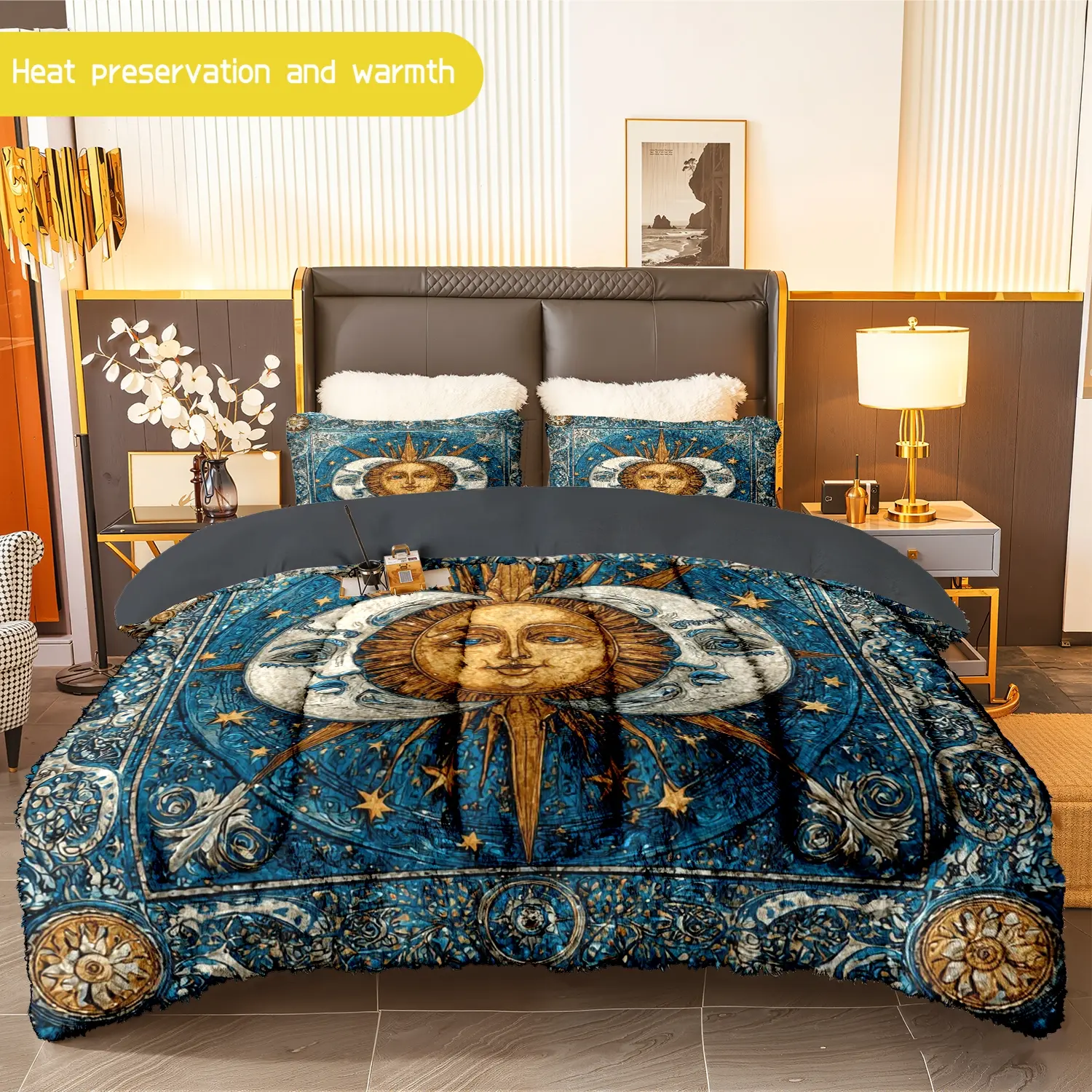 3pcs (1 comforter + 2 pillowcases) Sun and Moon Pattern Flannel and Milk Velvet Comforter Set, Soft Warm Cozy Bedding Essentials, Trendy Milk Velvet Bedding Set for Adults