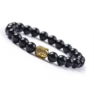 Buddha Onyx Lucky Bracelet with Golden Buddha Head Buddha Bracelet - Onyx Beads 7" #LV7342