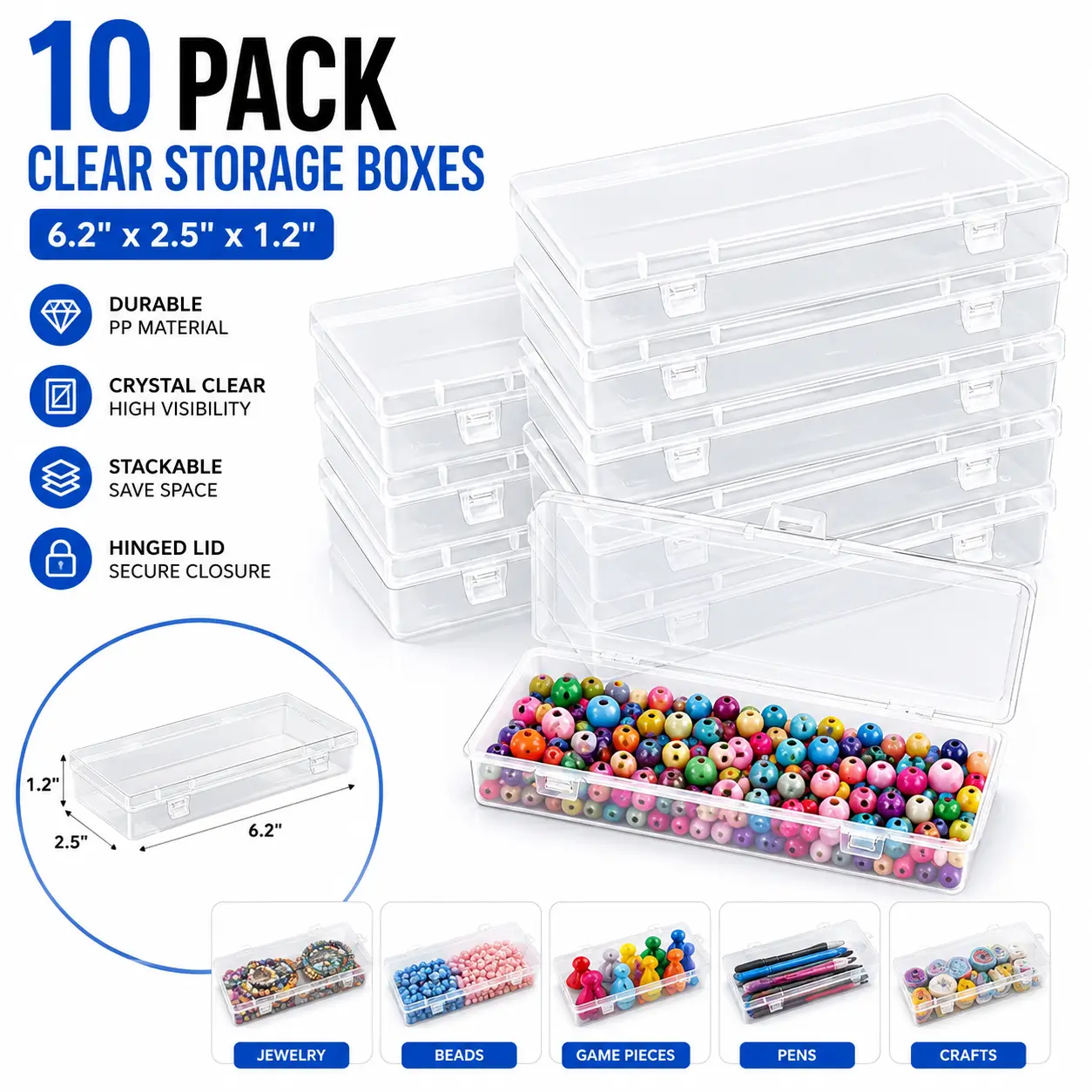 10 Pcs 6" Clear Plastic Storage Boxes with Hinged Lids – 6.2x2.5x1.2 Inch Small Rectangular Containers for Beads, Jewelry, Game Pieces, Pens, Crafts (Stackable, Transparent, PP)
