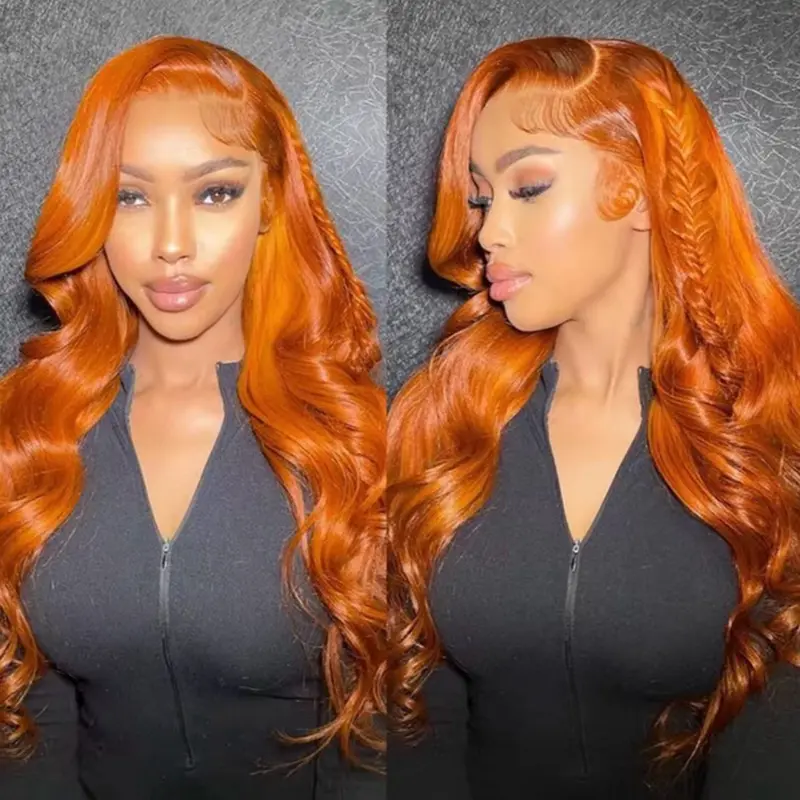 200% Density 13*4 Ginger Body Wave Wig HD Transparent Lace Front Wig Long Wavy Lace Frontal Wigs Orange Lace Front Hair Wig Glueless Body Wave Natural Hairline Dark Ginger Wig Synthetic Loose Wave Wigs 26 Inches