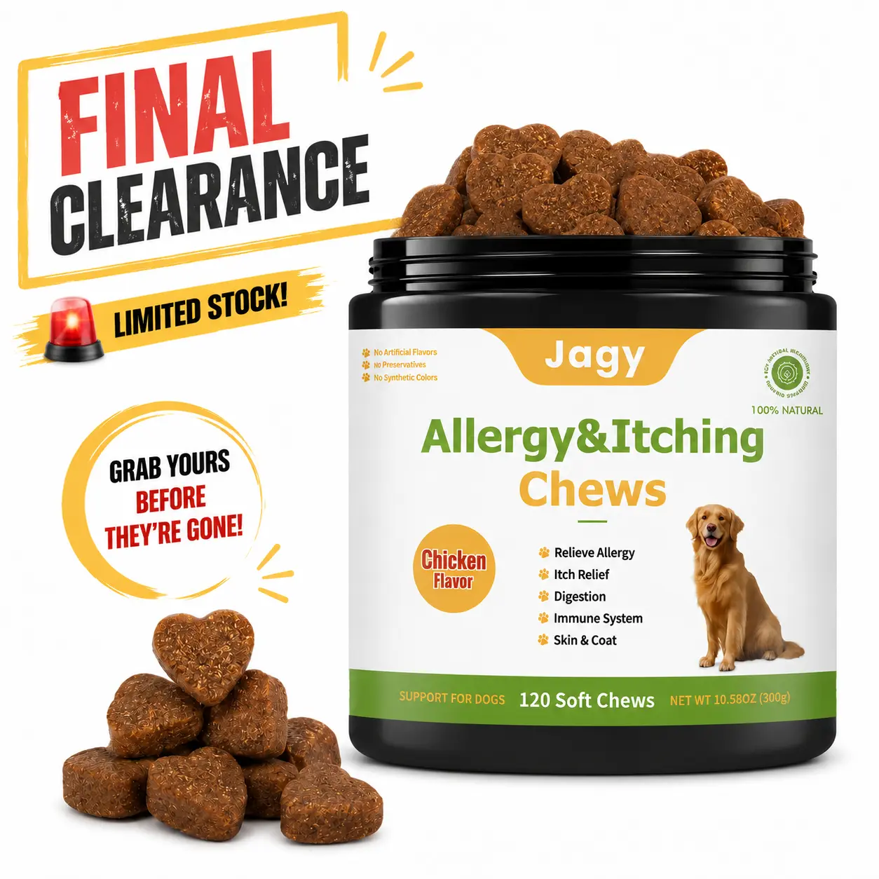 [CLEARANCE SALE] Jagy Omega-3 Allergy Relief Chews for Dogs - 120 NaturalSoft Chews Fish Oil Treats for Itchy Skin, Hot Spots & Shedding Advanced Skin & Coat Vitamins with SoothingSupport for Healthy Pet Skin & Coat