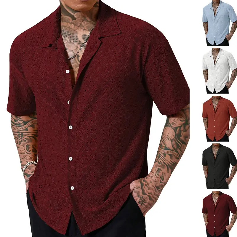 Men Hollow Out Vertical Dot Textured Cuban Collar Short Sleeve Shirt Summer Lightweight Breathable Loose Open Shirt Vintage Beach Vacation Casual Solid Blouse