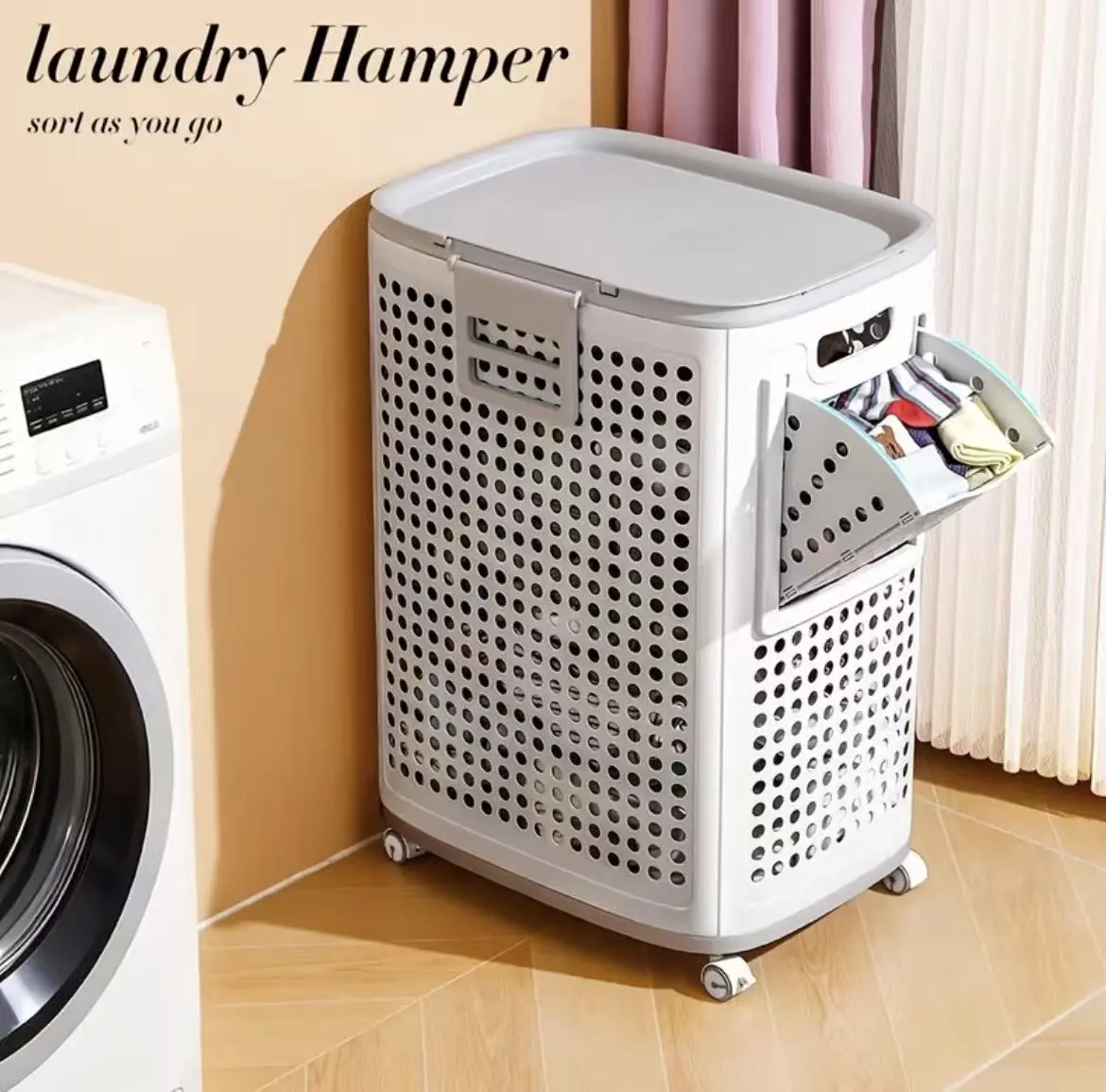 Mobile Laundry Hamper with Wheels, Sort-As-You-Go Design, Storage Compartments & Laundry Box for Home Efficient Organization