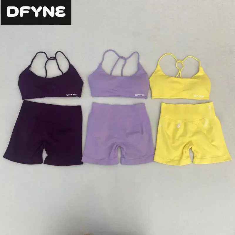 DFYNE Women's Seamless Knotted Bra & Hip Lifting Shorts Set Solid Color High Elasticity Yoga Fitness Two Piece Activewear