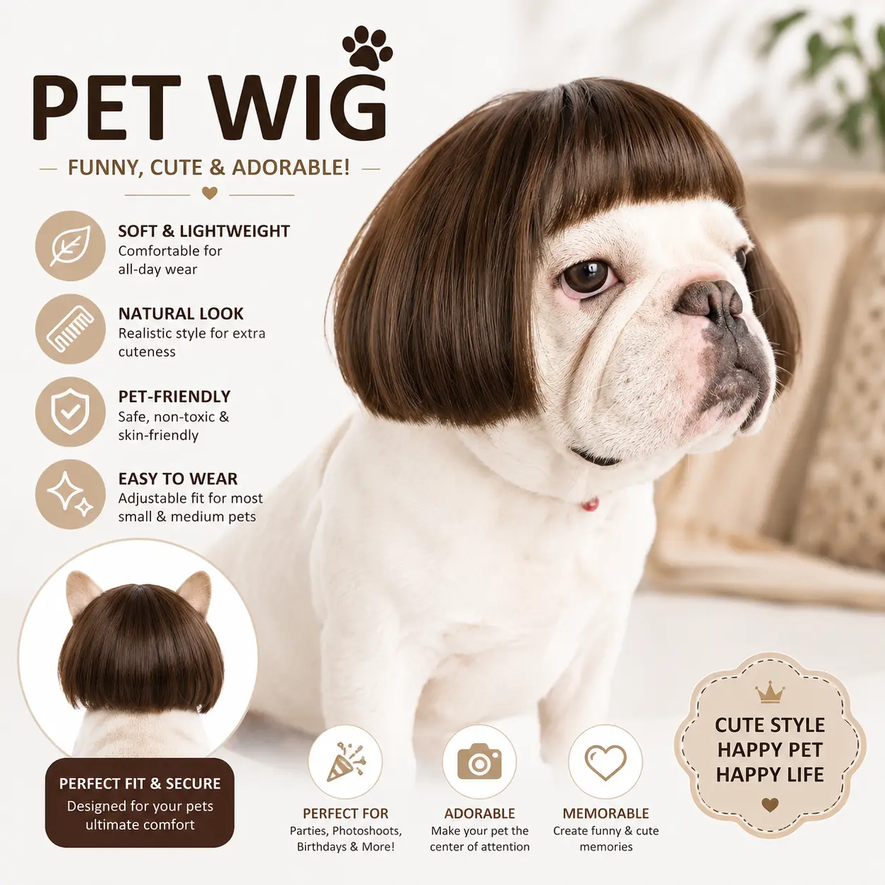 Funny Dog Cat Cosplay Wig,Pet Wigs for Halloween, Christmas, Parties, Festivals, Dog Wigs for Small Medium and Large Dogs （Black Brown Straight）