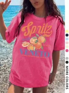 Women's Letter Fruit Print T-Shirt, Casual Fashion Trendy Youthful Vitality, Comfort Streetwear Design, Outdoor Star Style