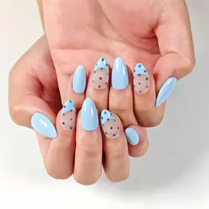 Pastel Color Block French Tip Handmade Press-On Nails | Short Almond Shape, 10pcs | Fresh Macaron Style | Blue/Green/Pink/Yellow/Purple French Tips & Matching Rhinestones | High Gloss | Reusable DIY Nail Kit for Spring Summer Dates & Travel