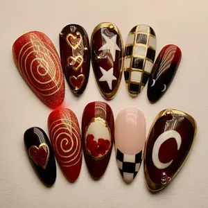 Flowing Cat Eye Grid Molten Gold Stars French Heart European Style Detachable Wearable Nails 30 Pieces, Glossy Finish, Glitter Decorative Nails