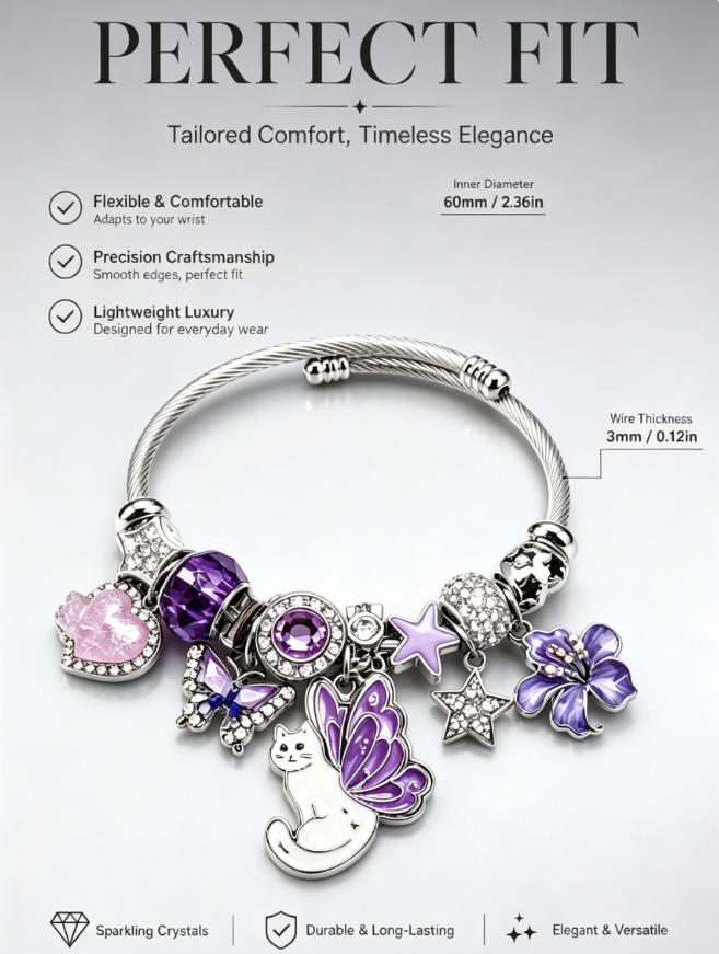 Purple Butterfly Winged Cat Charm Bracelet, Adjustable Stainless Steel Twisted Wire Open Cuff Bangle with Crystal, Star, Flower & Pink Heart Charms, Dainty Jewelry Gift for Women Teen Girls